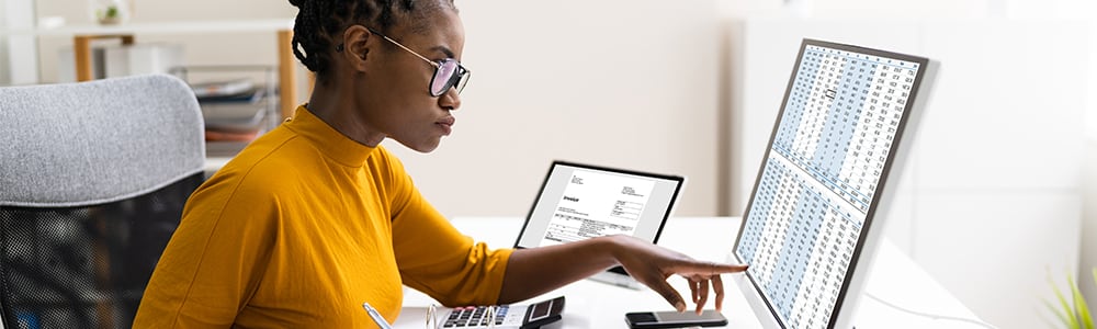 A woman reviews her financial records on a computer monitor.